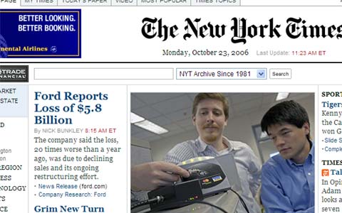 NY Times homepage with ford.com link